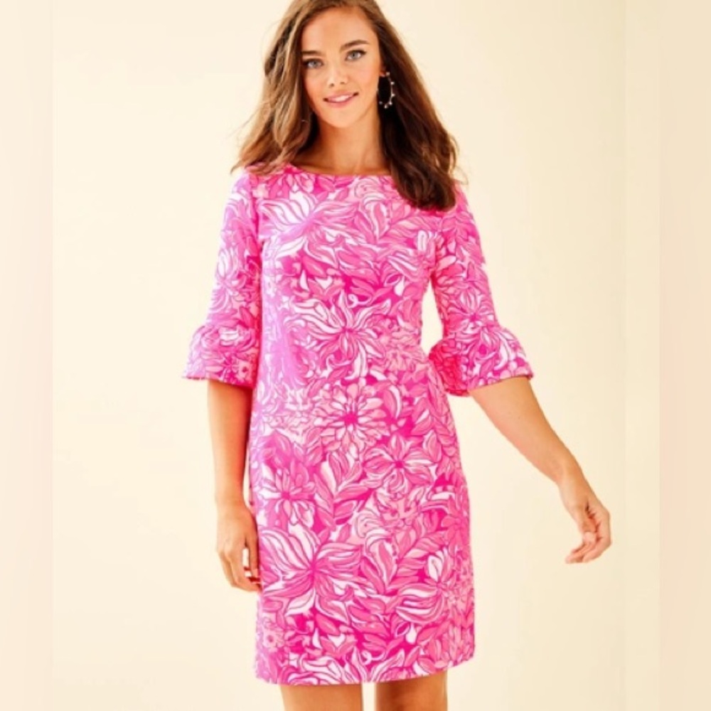 EUC Lilly Pulitzer Alden Dress Bougainvillea Pink Pawsitive Cattitude Size Small